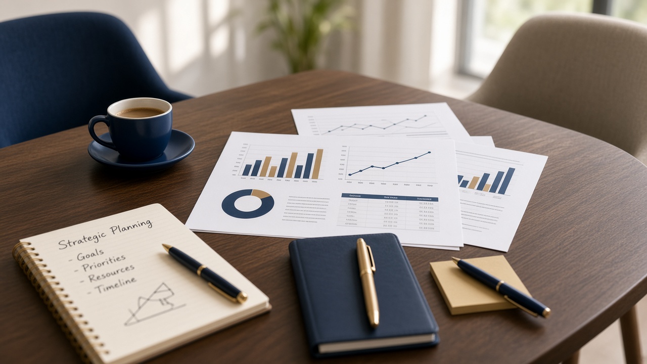Business advisory table with financial summary reports, charts, and planning notes