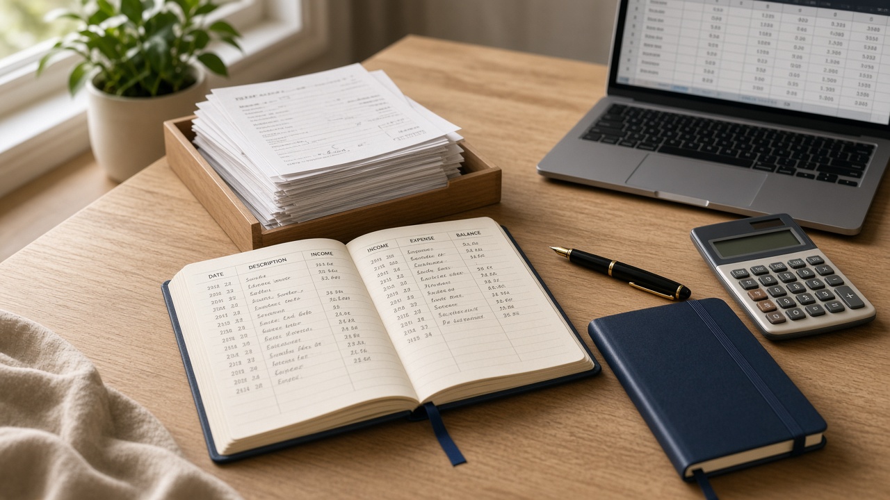 Bookkeeping desk with ledger book, receipt tray, calculator, and spreadsheet laptop