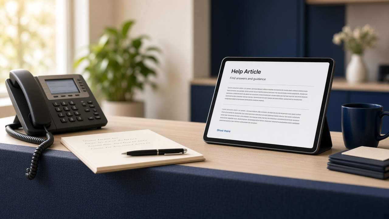 Support desk with phone, question notepad, and a tablet open to a help article