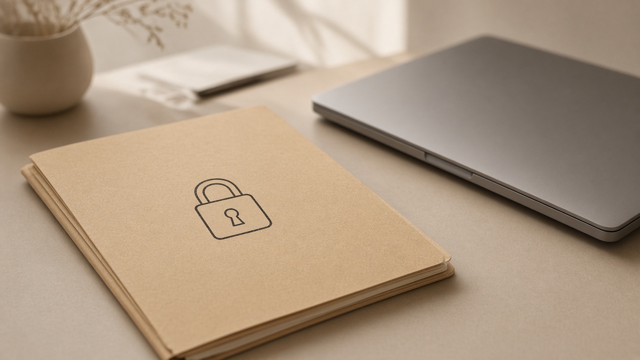 Closed confidential folder with a lock stamp beside a muted laptop