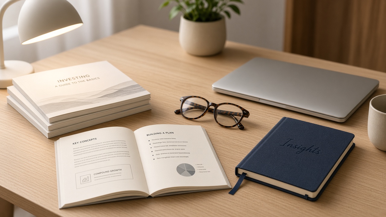 Quiet desk with educational booklets, reading glasses, and an insights notebook