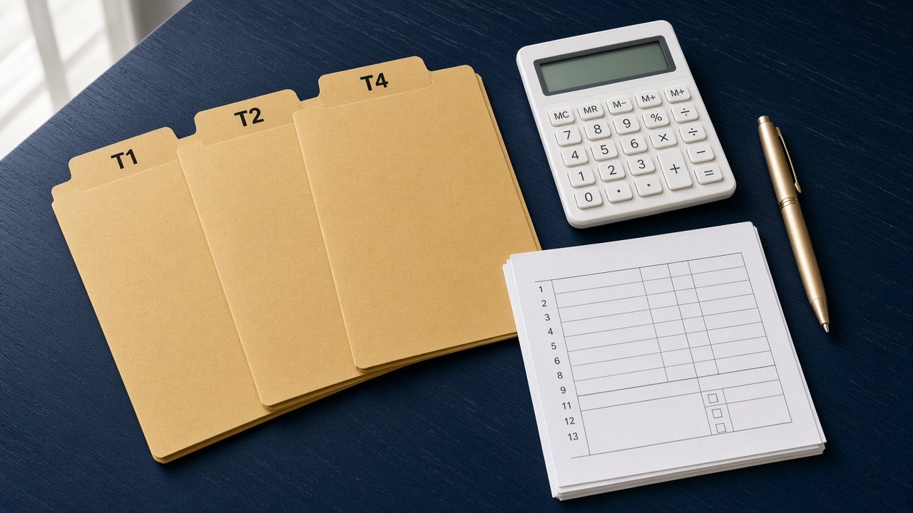 Organized desk with T1, T2, and T4 tax file folders, calculator, and documents